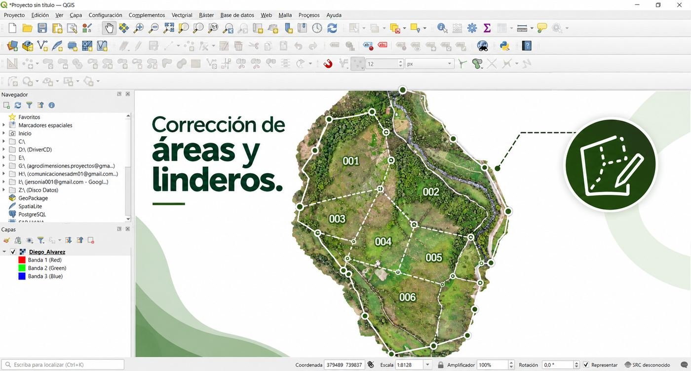 La pantalla del programa de mapas con la ortofoto de un predio dividido en seis lotes numerados, cada uno con sus vértices marcados.