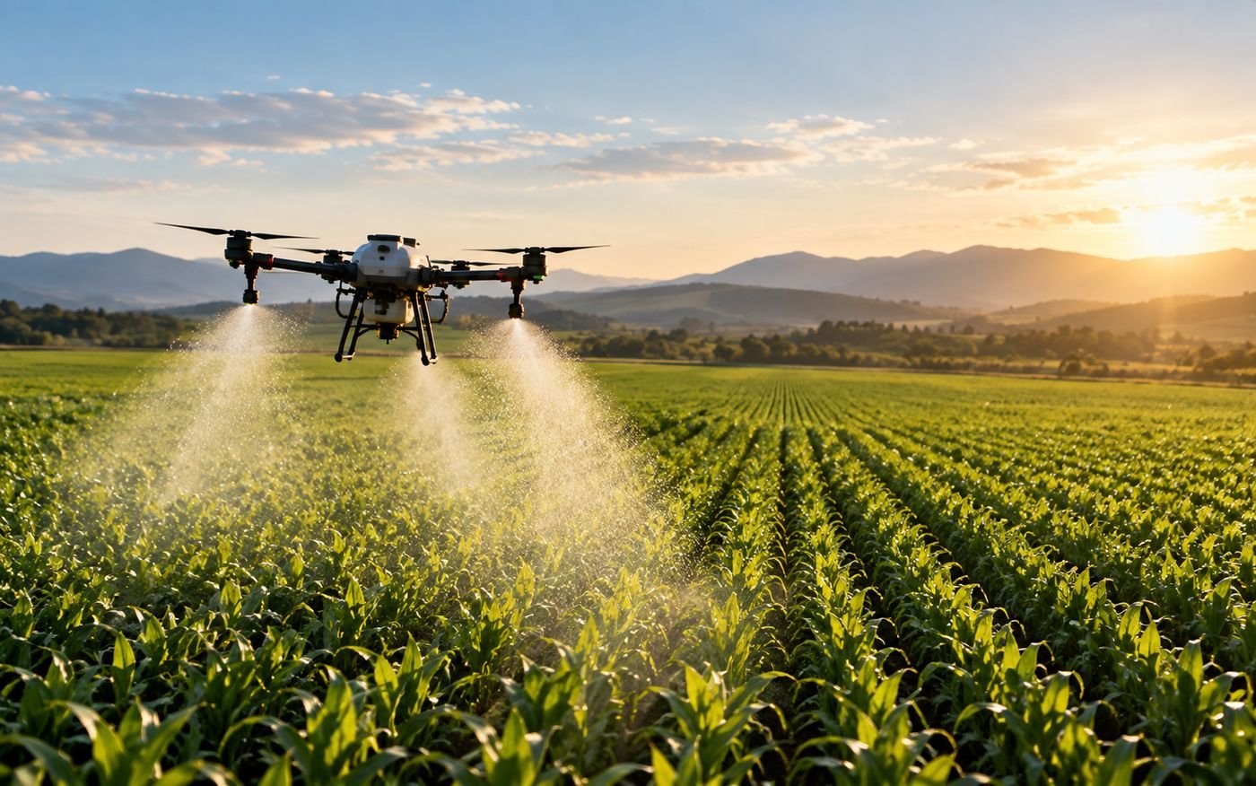 El dron de aspersión sobre el cultivo al atardecer, con los dos abanicos de líquido saliendo de sus boquillas.