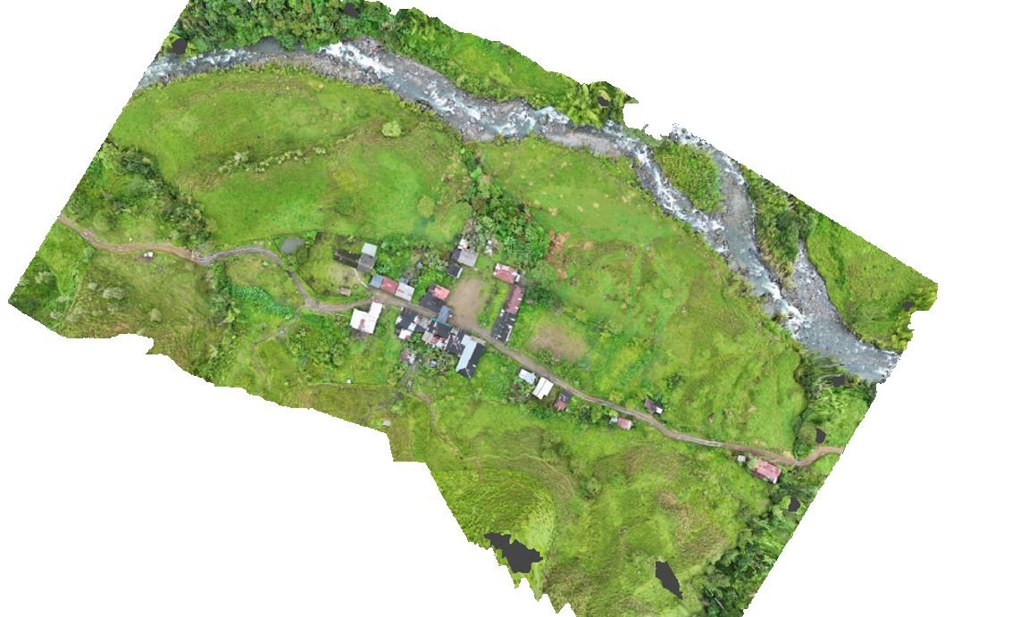 El ortomosaico de una vereda: el vuelo del dron armado en una sola foto, con el río, el camino, las casas y los potreros.