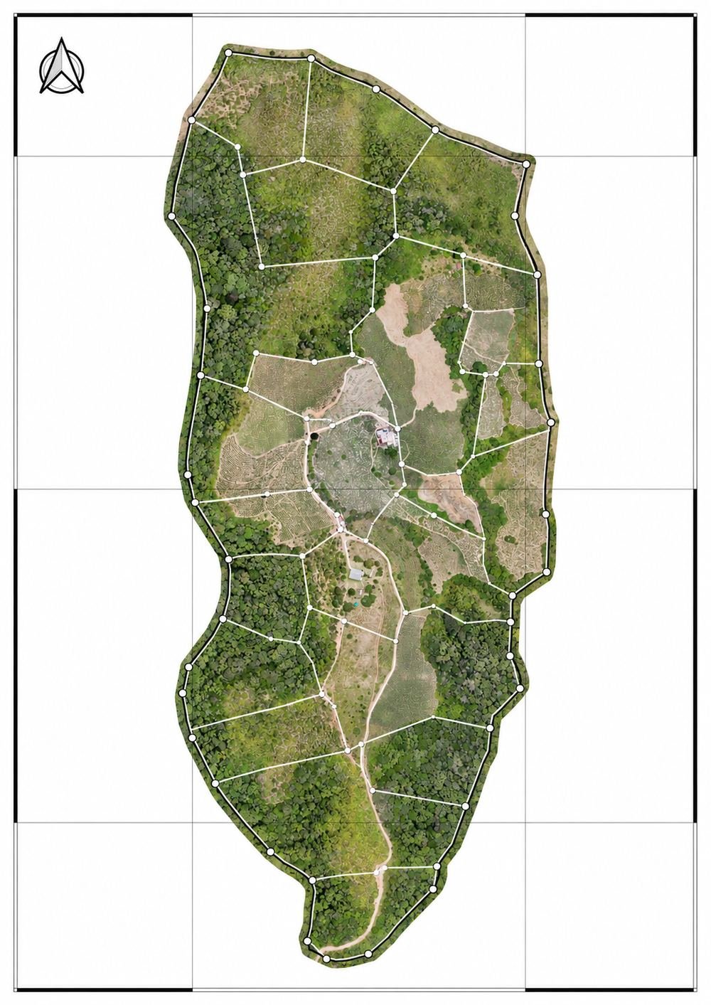 El plano impreso del predio: la ortofoto con el lindero exterior, la división interna en lotes, los vértices y la rosa de los vientos.