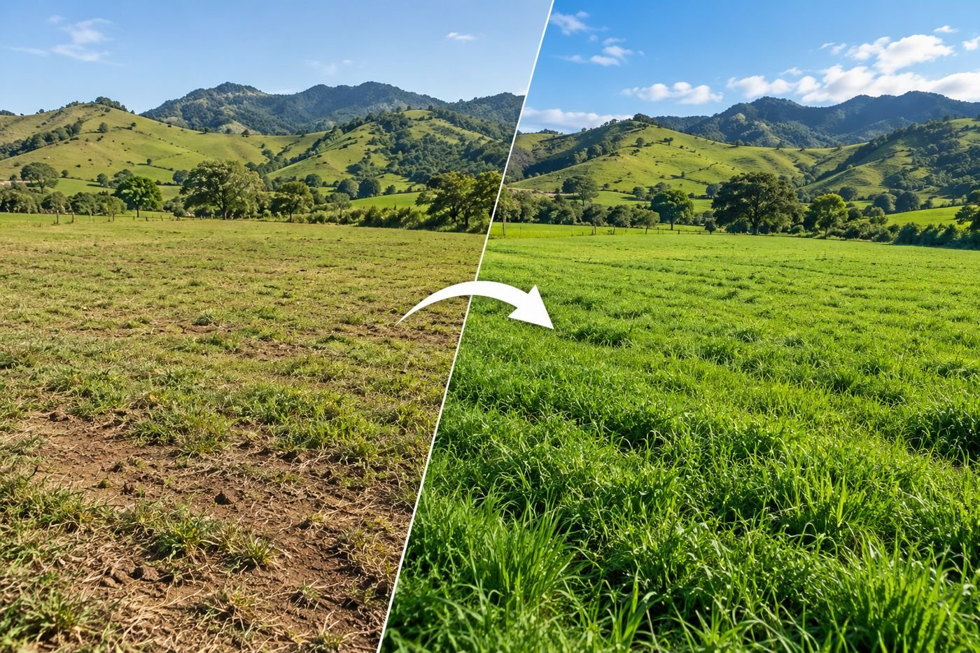 El mismo potrero antes y después: a la izquierda el pasto ralo y la tierra a la vista; a la derecha, cerrado y parejo.